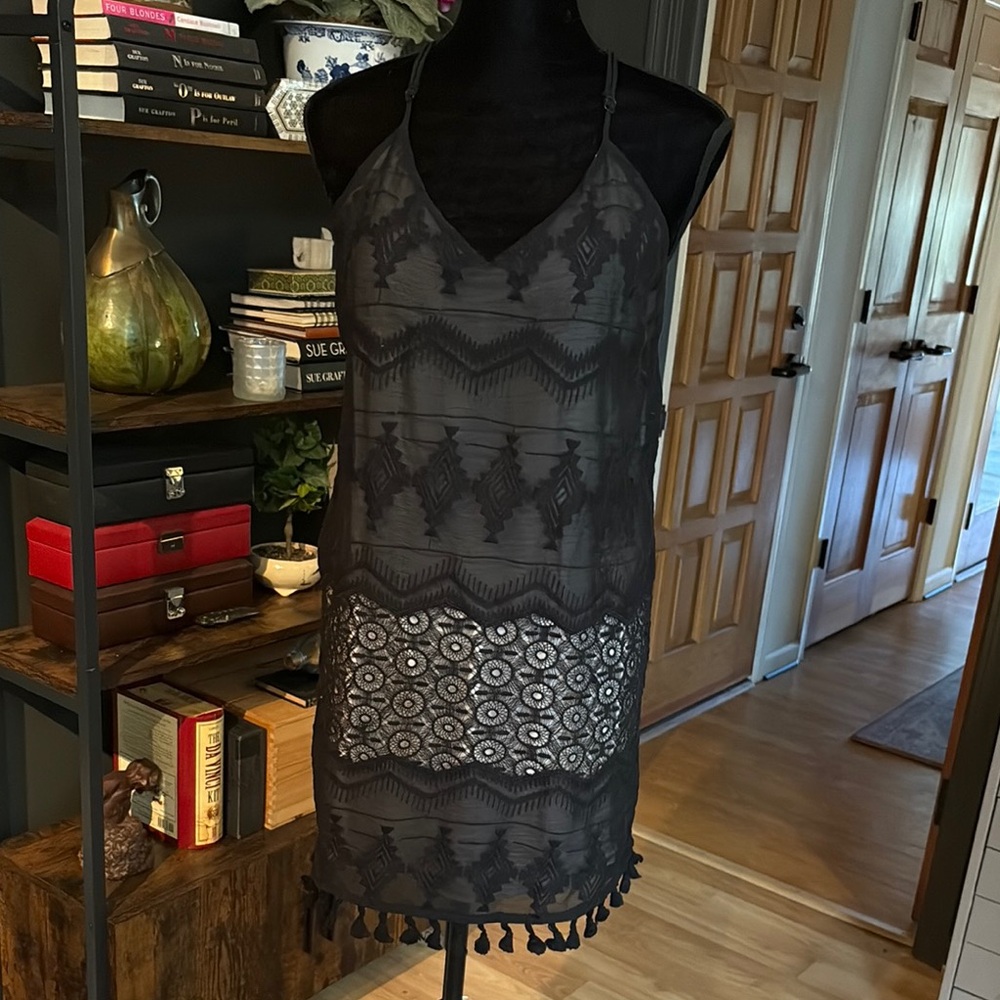 Eight Sixty Black Sleeveless Dress with Tassel Hem